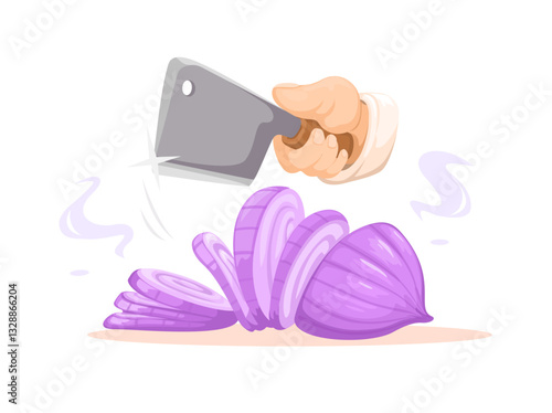 Hand slicing Onion Cooking Symbol Cartoon Illustration Vector