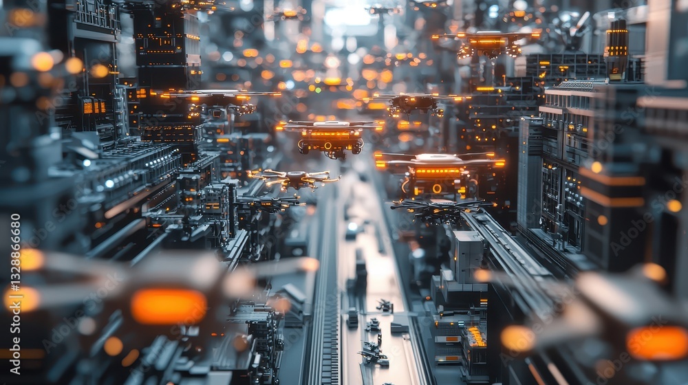 Futuristic City Landscape with Multiple Drones in Skyscraper Environment Futuristic City Landscape with Multiple Drones in Skyscraper Environment