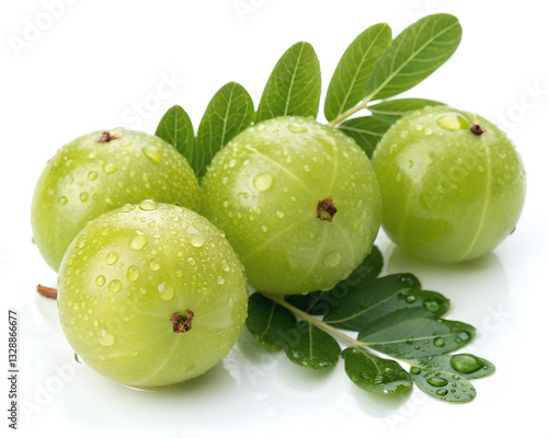 Fresh amla (Indian gooseberry) fruits with cut in half levitate isolated on white background.greenish yellow fruit with high vitamin c and health benefits in traditional ayurveda medicine