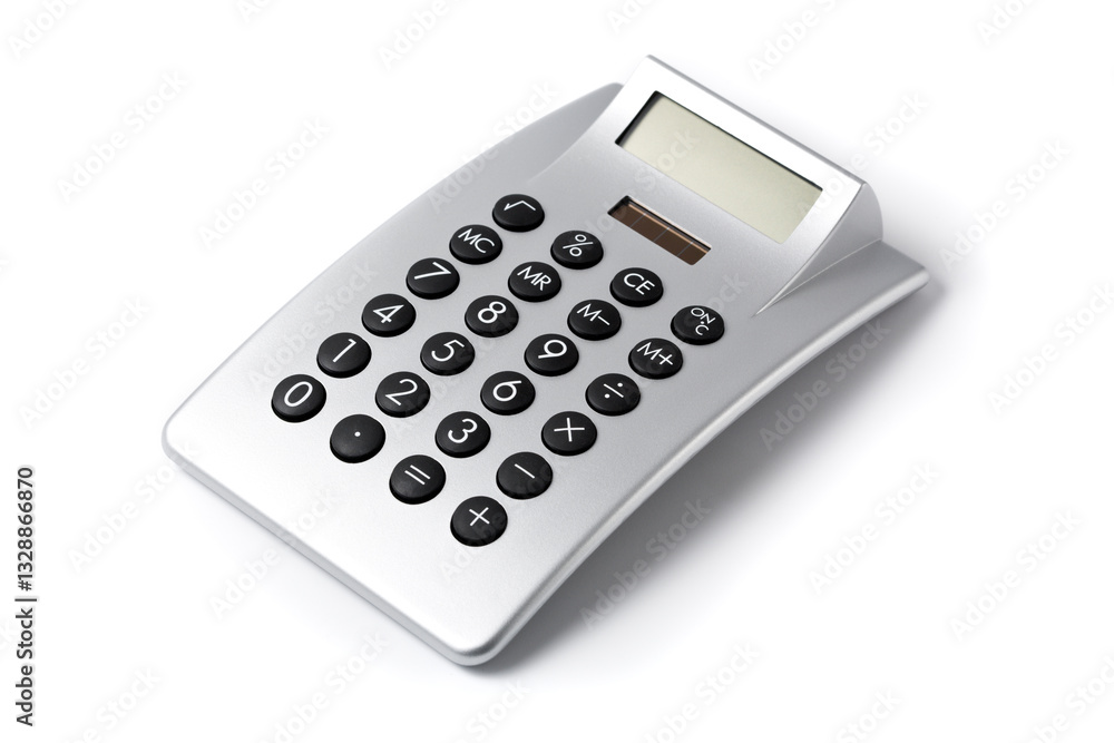 silver coloured desktop calculator isolated on white background silver coloured desktop calculator isolated on white background