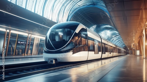 Fototapeta Naklejka Na Ścianę i Meble -  A futuristic autonomous train, modern railway station with a self-driving train arriving, Transport tech style