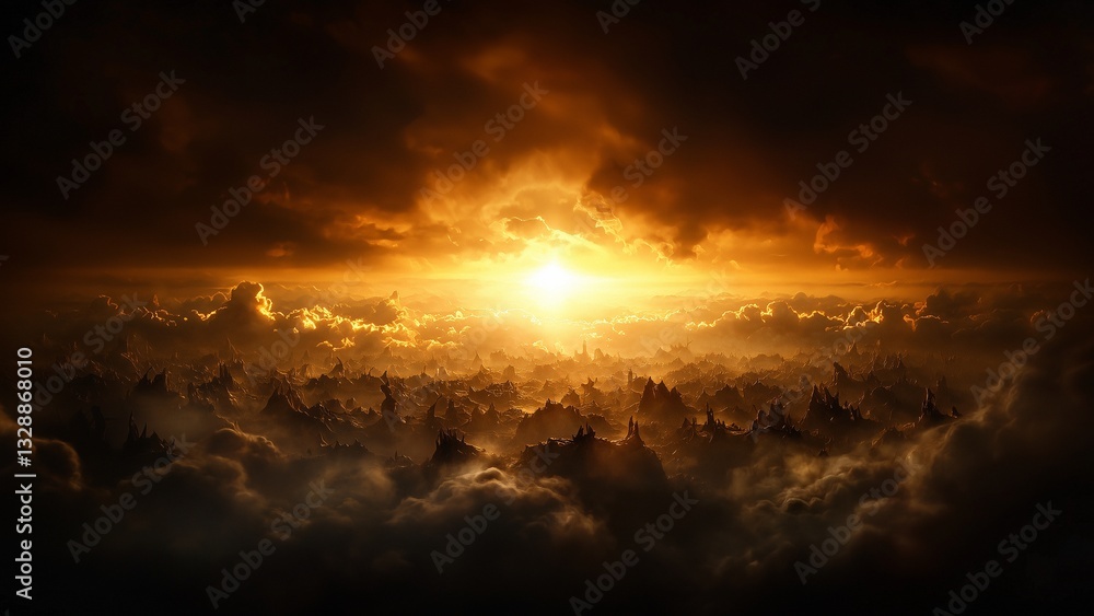 Naklejka premium Majestic Alien Skyline with Golden Sunlight and Cloud-Covered Peaks