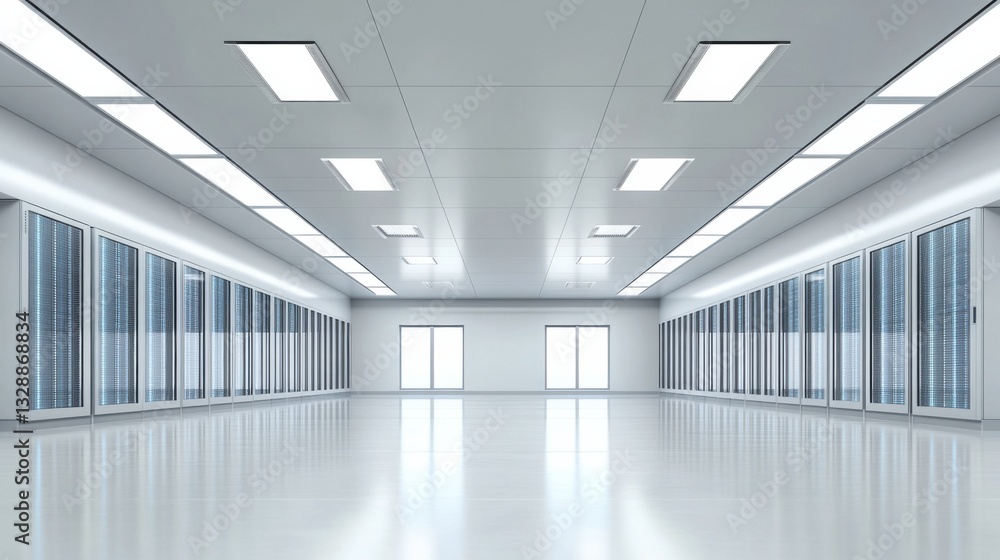 A futuristic data center with rows of servers and glowing blue lights, clean and organized environment representing advanced technology infrastructure, High-tech style A futuristic data center with rows of servers and glowing blue lights, clean and organized environment representing advanced technology infrastructure, High-tech style