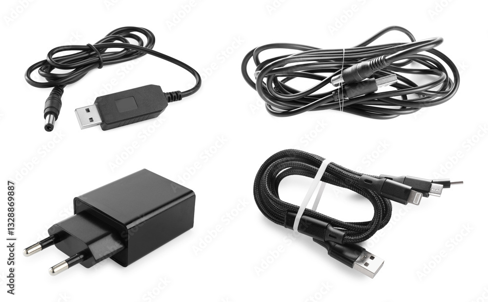 Different USB charge cables and power adapter on white background, set Different USB charge cables and power adapter on white background, set