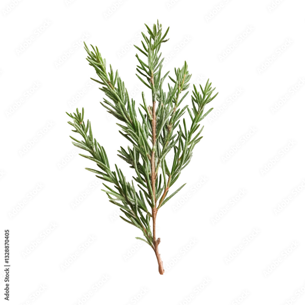 Fototapeta premium A sprig of vibrant green rosemary isolated on black background showcasing its delicate needle-like leaves and earthy brown stem