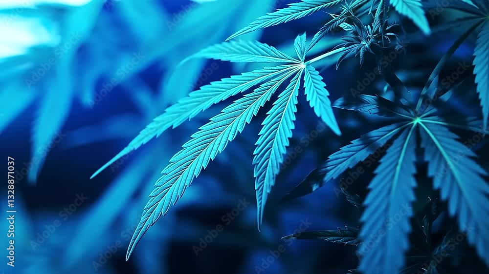 Detailed close-up of a blue cannabis plant with lush, vibrant leaves and delicate flowers, the healthy structure of the marijuana crop evident, grown under controlled indoor planta