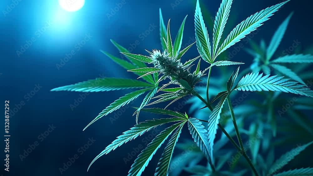 Detailed close-up of a blue cannabis plant with lush, vibrant leaves and delicate flowers, the healthy structure of the marijuana crop evident, grown under controlled indoor planta