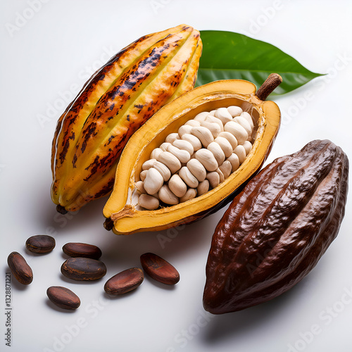 Unveiling The Creamy White Cocoa Beans Nestled Within A Vibrant Yellow Pod, Alongside A Rich Brown Cocoa Pod, A Testament To Natures Delicious Artistry Against A Clean White Backdrop