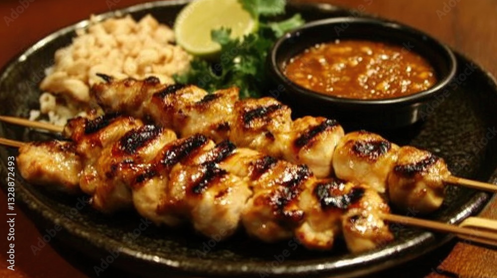 Grilled Chicken Skewers Served with Lime, Spicy Sauce, and Peanuts on Black Plate for Delicious Asian Cuisine Grilled Chicken Skewers Served with Lime, Spicy Sauce, and Peanuts on Black Plate for Delicious Asian Cuisine