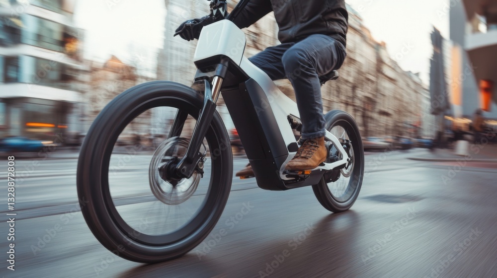 Obraz premium A futuristic electric bike, city street with person riding a sleek electric bike, Transport-tech style