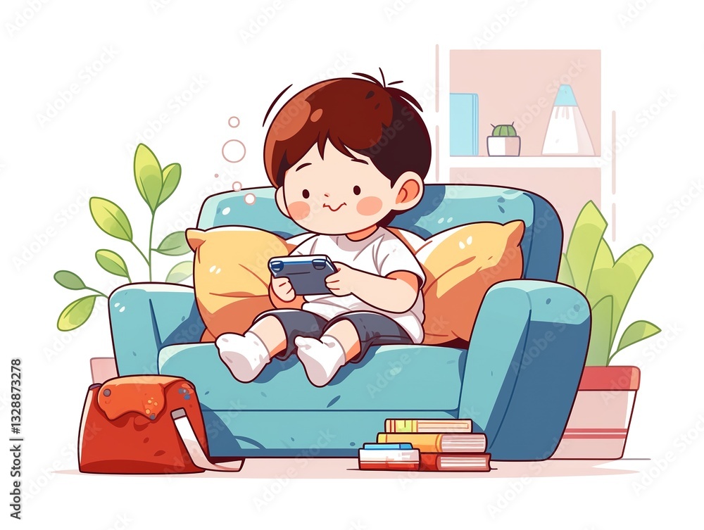 Child Playing Video Game on Sofa Home Relaxation Cute Cartoon Child Playing Video Game on Sofa Home Relaxation Cute Cartoon