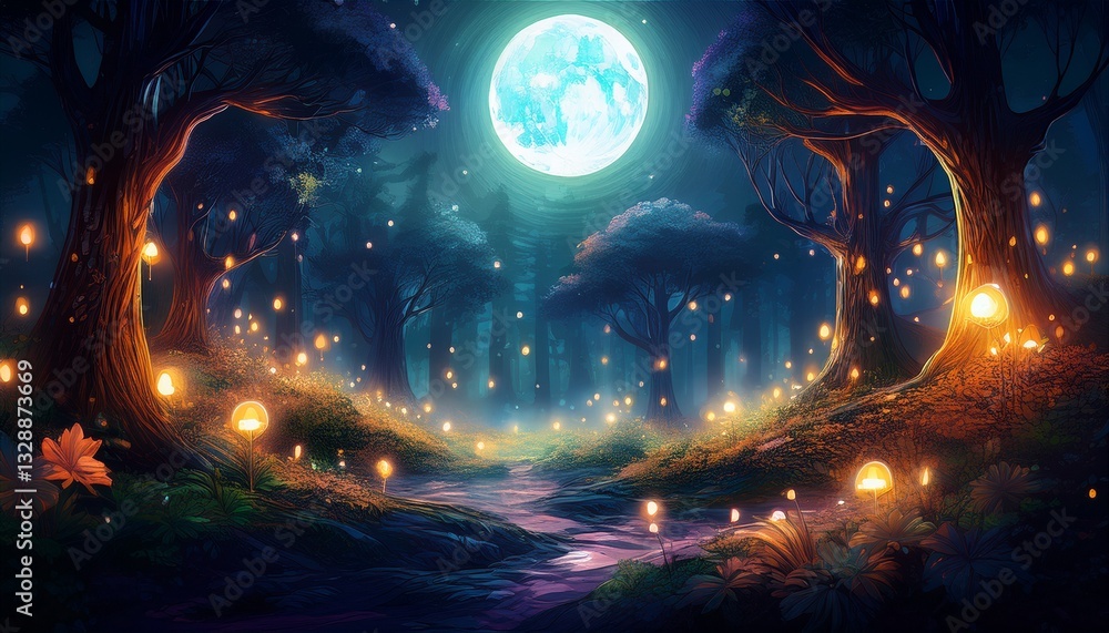 Obraz premium Enchanted forest glowing under a full moon, with tiny magical lights dancing in the air, creating a mystical and captivating atmosphere