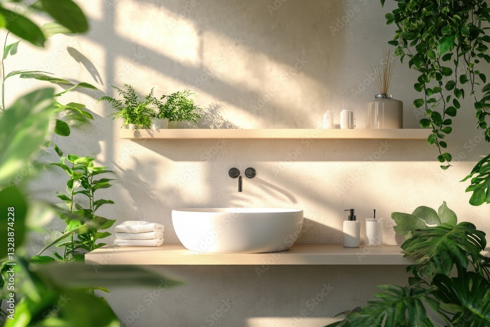 Fototapeta premium A clean white sink sits atop a wooden shelf with a simple design