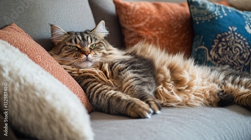 A fluffy overweight cat sprawled out on a cozy sofa, surrounded by plush pillows, looking relaxed and content.