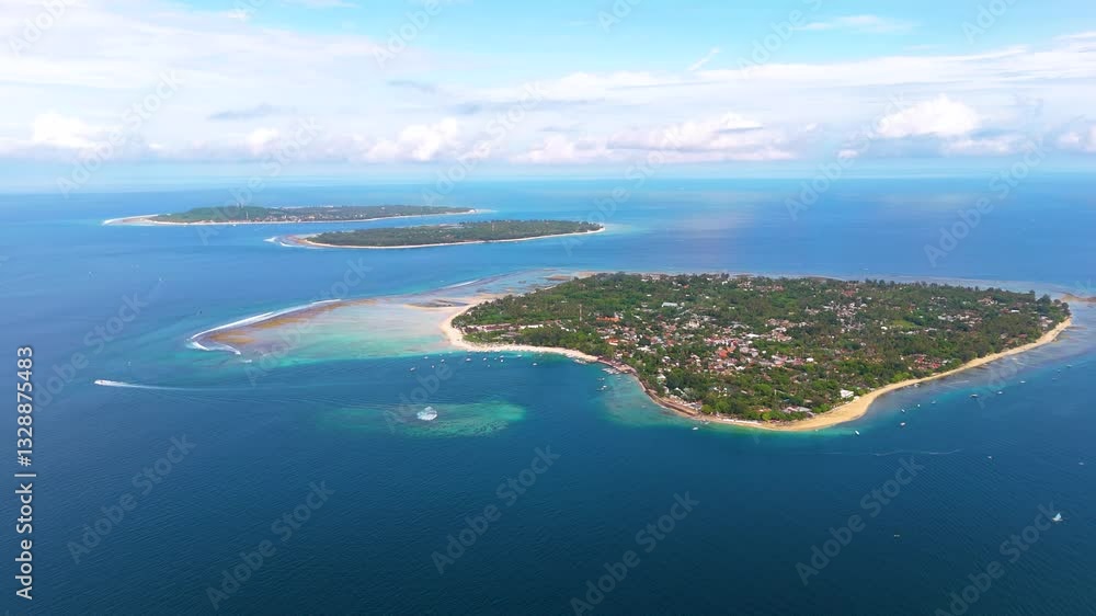 Aerial drone view of three Gili islands near Lombok on a sunny day, Indonesia Aerial drone view of three Gili islands near Lombok on a sunny day, Indonesia