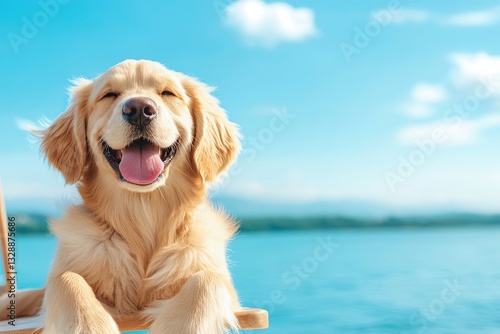 A happy golden retriever sitting by the water, enjoying a sunny day.