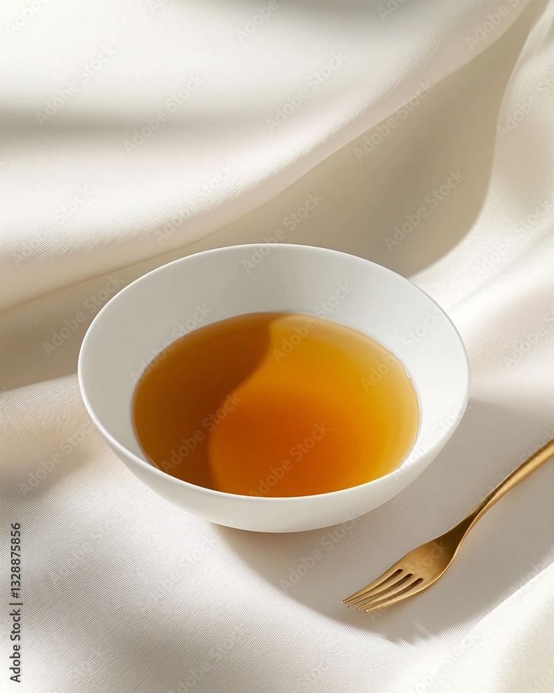 Minimalist Thai dessert presentation of golden, teardrop-shaped Thong Yod on a matte ceramic dish. The golden syrup delicately glistens under soft lighting. A small gold fork rests beside the plate Minimalist Thai dessert presentation of golden, teardrop-shaped Thong Yod on a matte ceramic dish. The golden syrup delicately glistens under soft lighting. A small gold fork rests beside the plate