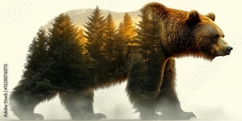 Double exposure of a grizzly bear overlaid with a mountain pine forest in the mist