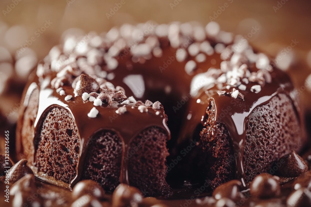 Rich chocolate bundt cake drizzled with sauce and topped with chocolate chips served on a rustic wooden table Rich chocolate bundt cake drizzled with sauce and topped with chocolate chips served on a rustic wooden table