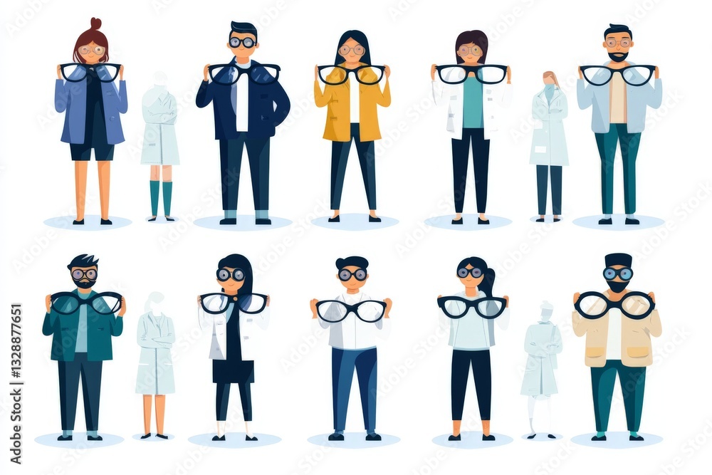 Group of diverse characters wearing oversized glasses in a playful arrangement at a creative workspace Group of diverse characters wearing oversized glasses in a playful arrangement at a creative workspace