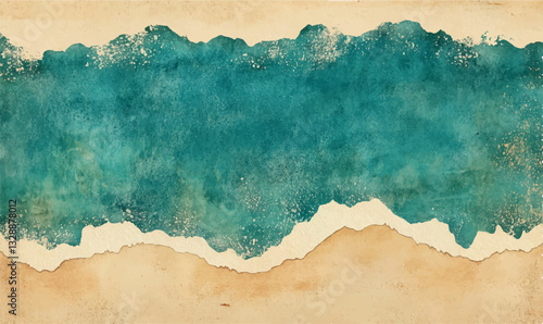 Background. Teal and sandy beige watercolor texture on paper. A simple curved line representing an island’s shore at the bottom	
