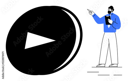 Man pointing while holding clipboard next to oversized play button. Ideal for education, media, presentation, tutorial, guidance, streaming, video production. Flat simple metaphor