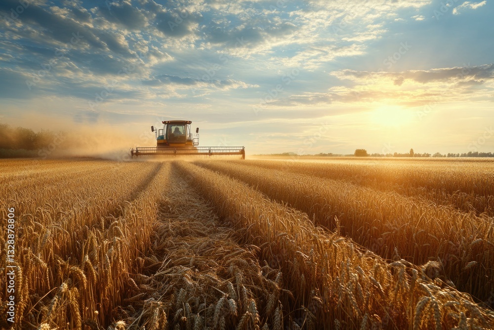Fototapeta premium A tractor plows through a green wheat field on a sunny day