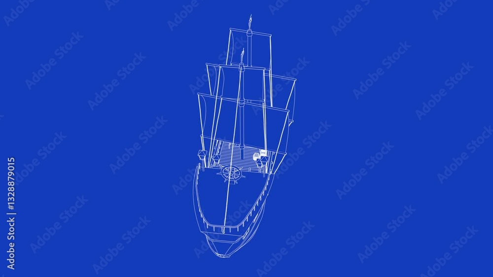 3d animation of an old wooden warship blueprint rotating and loopable 3d animation of an old wooden warship blueprint rotating and loopable