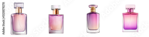 An arrangement of various pink toned perfume bottles with minimalist modern designs showcasing the alluring appeal of luxury cosmetic products