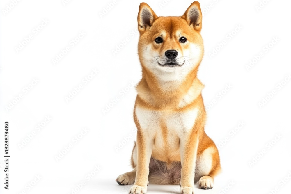 A brown and white dog sits calmly on a white surface, ready for use in various contexts A brown and white dog sits calmly on a white surface, ready for use in various contexts