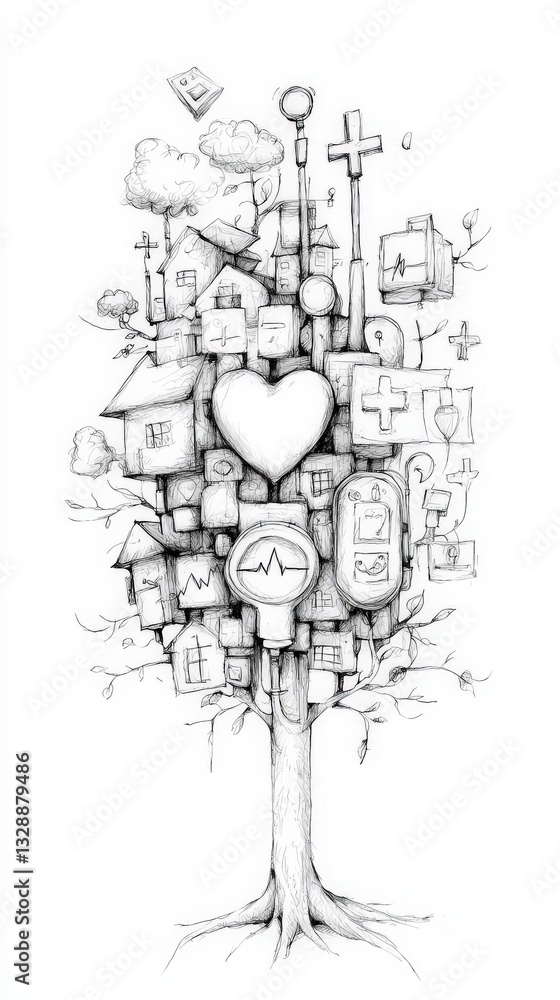 Obraz premium Artistic black and white illustration of a tree merging medical symbols and homes in a whimsical design