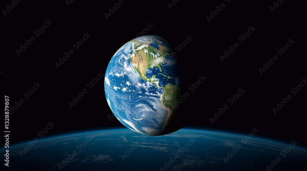 Fototapeta premium A low-angle shot of planet Earth, illuminated by contrasting chiaroscuro lighting. The image emphasizes Earth's vulnerability to pollution