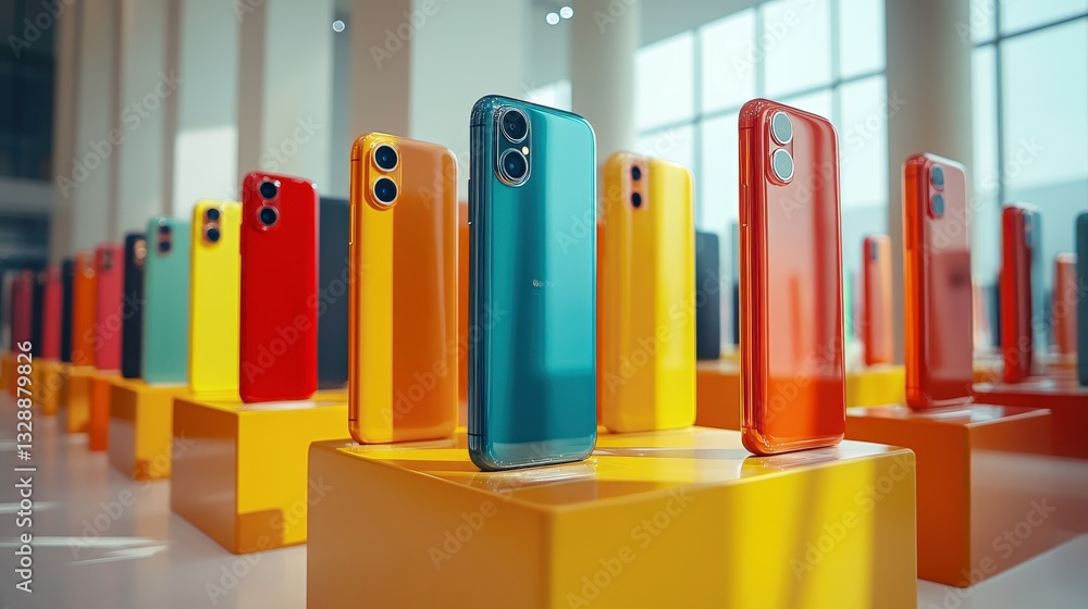 Fototapeta premium Colorful modern smartphone showcase design. Sleek gadgets highlight colorful innovation in electronics. Display bright designs and advanced technology for stylish, high exhibitions.