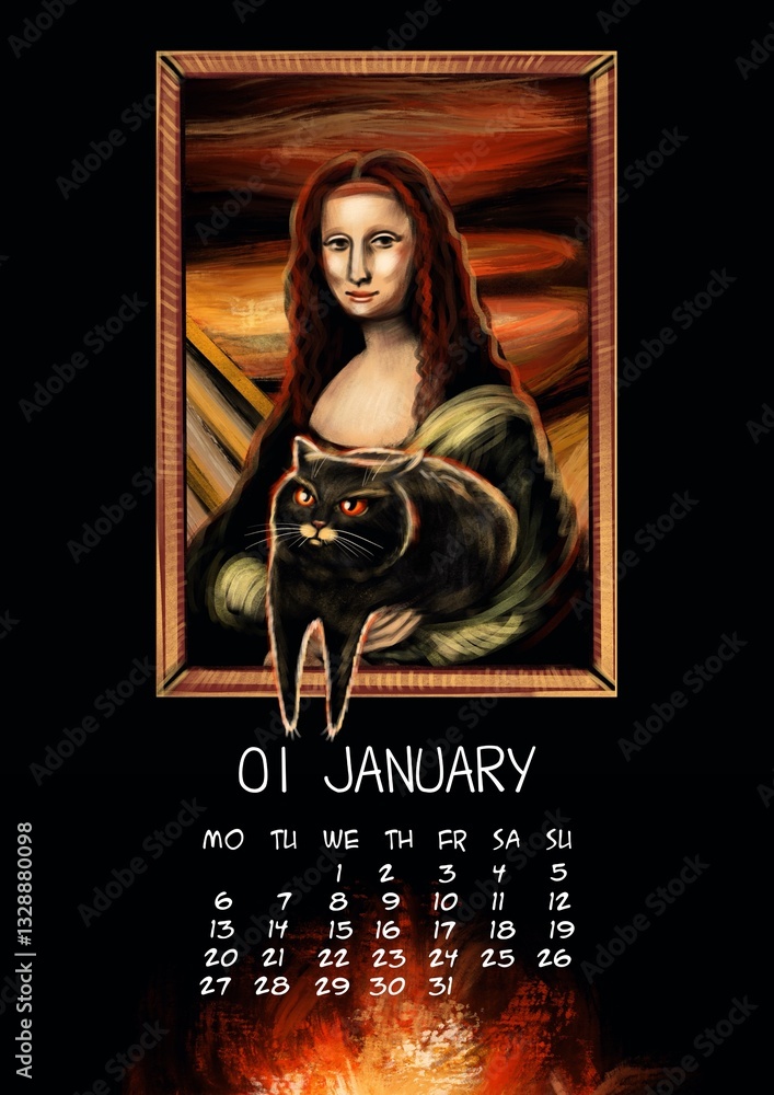 Obraz premium 2025 Annual Calendar animals. Month illustration. Hand Drawn Cat in fire meme.