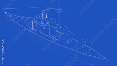 3d rendering of a WW2 battleship blueprint