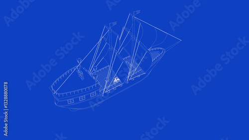 3d rendering of an old wooden warship blueprint