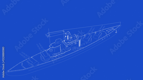 3d rendering of a WW2 battleship blueprint