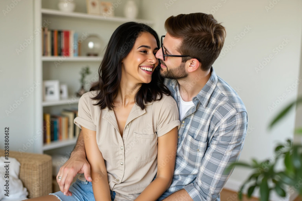 Naklejka premium Romantic Indian Couple Embracing and Smiling in Cozy Living Room 