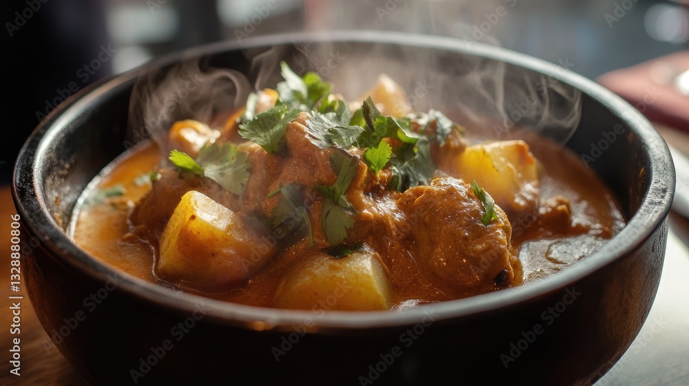 Steaming Bowl of Spicy Chicken Curry with Potatoes and Fresh Cilantro Garnish Steaming Bowl of Spicy Chicken Curry with Potatoes and Fresh Cilantro Garnish