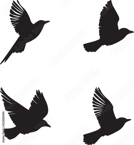  This artwork is digitally enhanced using AI and manually edited for quality. Flying Bird Silhouettes - Elegant Black and White Illustration.