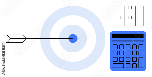 Arrow piercing center of target alongside calculator and stacked boxes representing accuracy, planning, logistics, goals, finance, strategy, productivity. Ideal for business, supply chain flat
