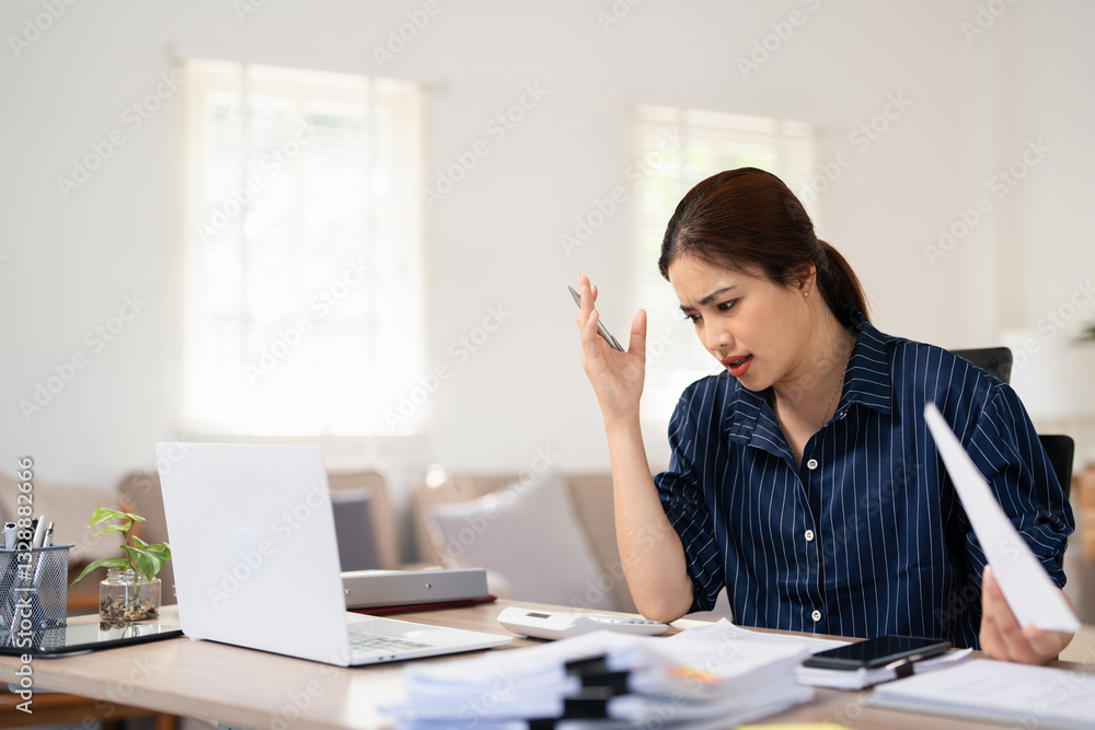 Asian Businesswoman sitting and working hard with computer and lots of documents on the table in living room with serious action, Work hard concept. Asian Businesswoman sitting and working hard with computer and lots of documents on the table in living room with serious action, Work hard concept.
