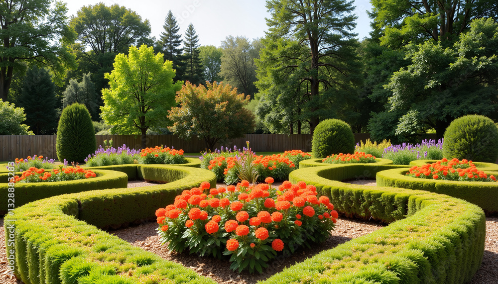 Obraz premium Symmetrical flower bed with orange marigolds and neatly trimmed hedges in a park
