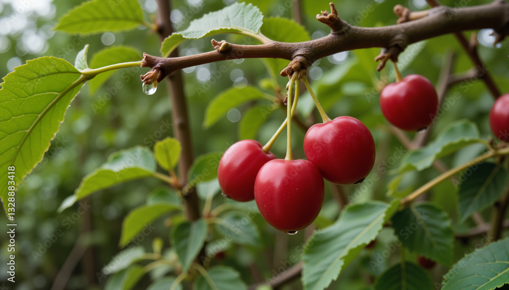 Cluster of ripe cherries hanging from a tree branch after a light rain Cluster of ripe cherries hanging from a tree branch after a light rain