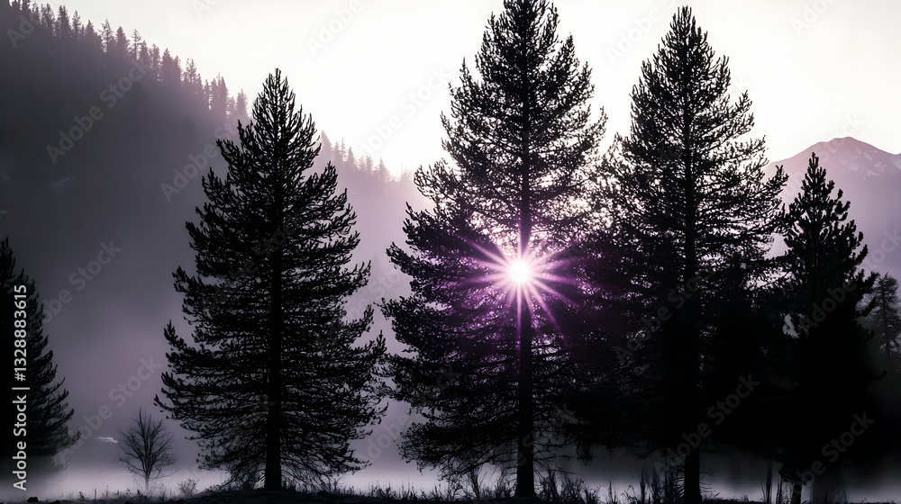 The sun shining brightly behind silhouetted pine trees in the forest The sun shining brightly behind silhouetted pine trees in the forest