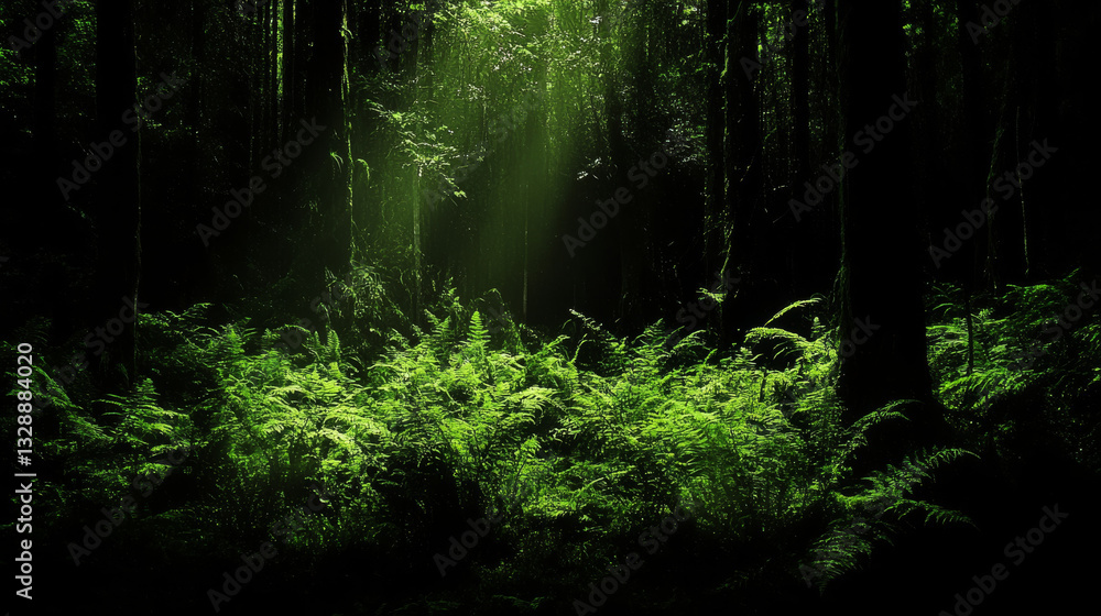 Fototapeta premium Lush green forest with sunlight filtering through trees, creating serene atmosphere