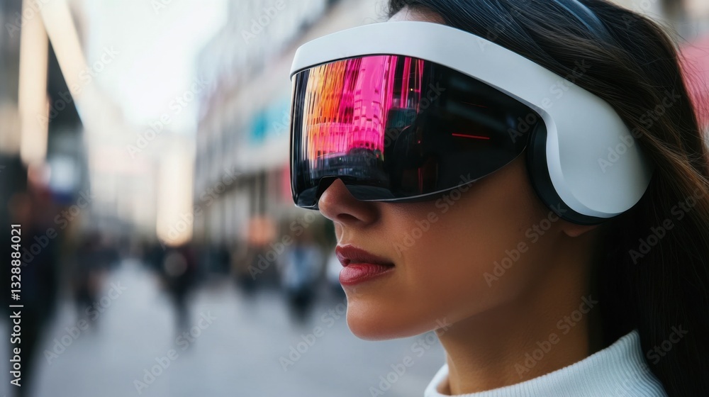 A futuristic wearable translator, person in a foreign city using translator headset for language assistance, Tech-style A futuristic wearable translator, person in a foreign city using translator headset for language assistance, Tech-style