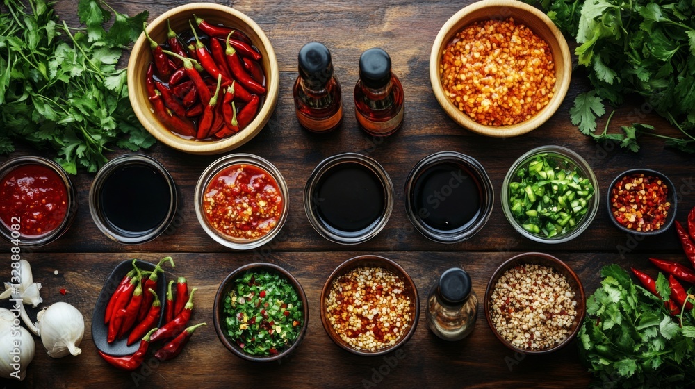 A top-down view of a table filled with chili sauce bottles, soy sauce, and fish sauce, arranged neatly with bowls of fresh chopped chilies on the side. A top-down view of a table filled with chili sauce bottles, soy sauce, and fish sauce, arranged neatly with bowls of fresh chopped chilies on the side.
