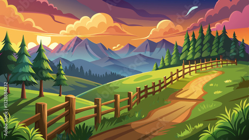 fence on hillside meadow in mountain at sunset