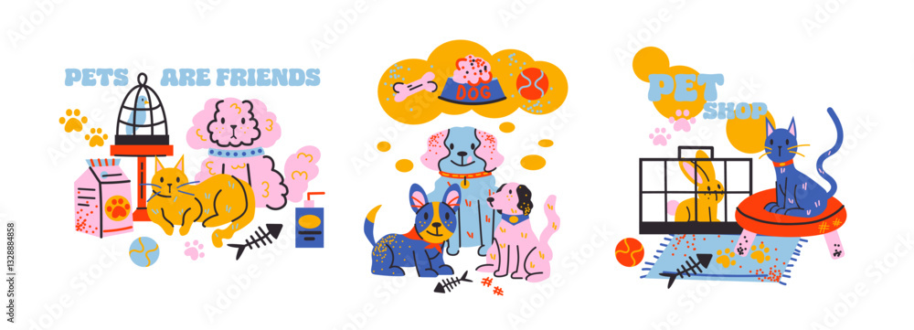 Set pets compositions with cats, dogs, birds, and aquatic animals. Hand-drawn cartoon stickers: food, cages, toys, and abstract paw print elements. Vibrant set for veterinary shops and pet lovers Set pets compositions with cats, dogs, birds, and aquatic animals. Hand-drawn cartoon stickers: food, cages, toys, and abstract paw print elements. Vibrant set for veterinary shops and pet lovers